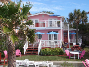 The Pink Rose is the upstairs Suite of the Granger House as seen by from the beach of the Gulf of Mexico in Indian Rocks Beach Florida